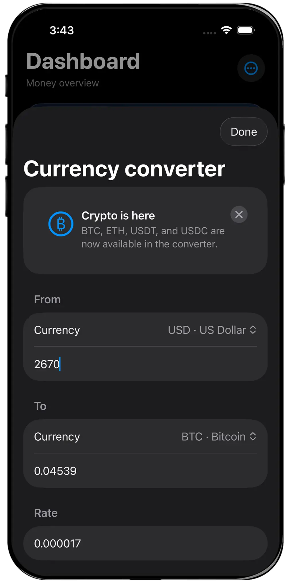 Currency converter screen converting US dollars to Bitcoin