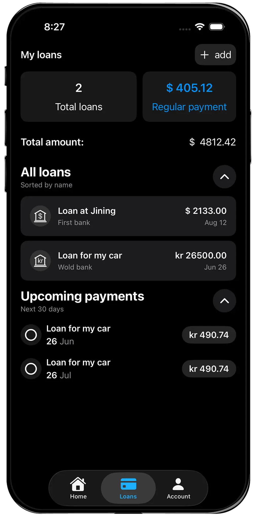 Loans screen with total loans, regular payment, all loans, and upcoming payments